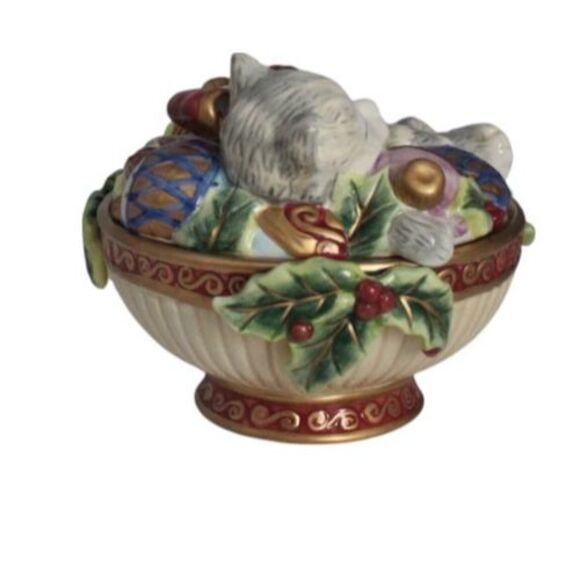 Fitz and Floyd Kristmas Kitty Lidded Box Candy Bowl Trinket Box Christmas - Picture 3 of 7